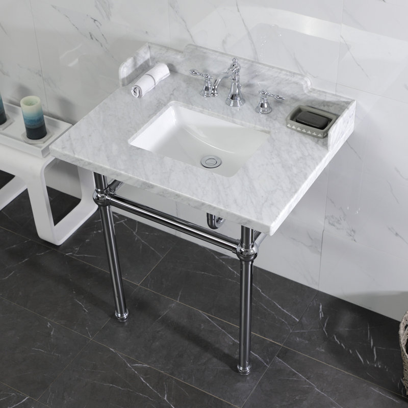 Kingston Brass Pemberton 30-Inch Carrara Marble Console Sink with Brass Legs (8-Inch, 3-Hole), White/Gold