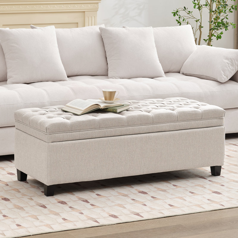 Cassina 51" Linen Upholstered  Storage Ottoman Bench , Beige Linen
