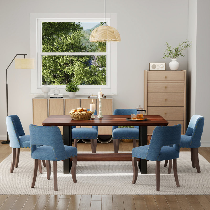 Table compacte en noyer et noir avec 4/6 chaises en tissu, style compact pour la cuisine / salle à manger, Blue