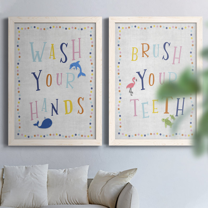 «Wash Your Hands», ensemble de 2 reproductions d'art sur toile encadrées, H 31,5 po x l 47 po x P 1,5 po, Encadrement beige