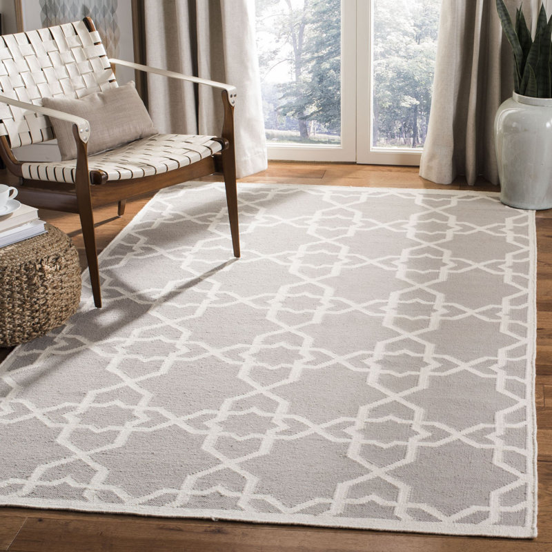 Rodgers Hand Woven Flat Weave Wool/Cotton Geometric Rug in Ivory/Gray, Rectangle 8' x 10'