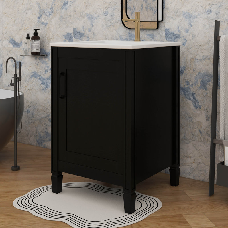 Meuble-lavabo compact de 20 pouces avec lavabo en céramique, 1 porte à fermeture silencieuse et beaucoup de rangement, Noir