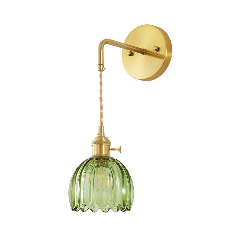  Heroux Vintage Floral Glass Armed Wall Sconce With Tulip Glass Shade And Adjustable Length Rope, Green