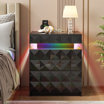 Ashten 19.7'' W - Modern Nightstand with Diamond-Cut Drawer Fronts, RGB Smart Lighting & Charging Hub and 3 Drawers (2 Standard + 1 Hidden)