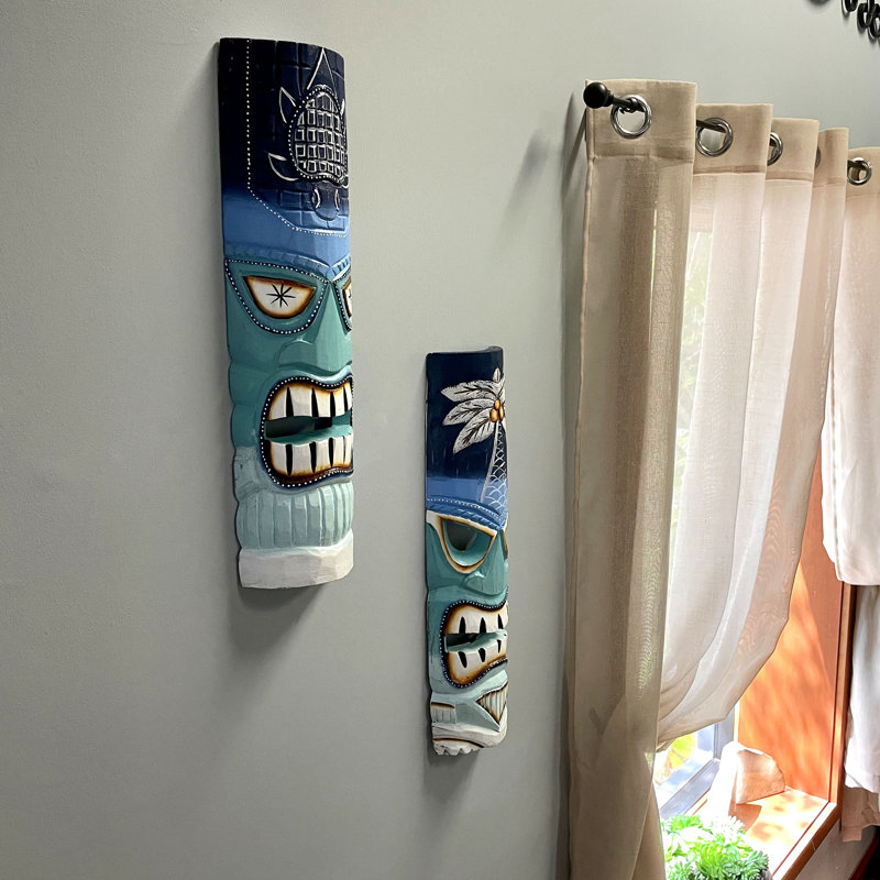 Décoration murale Tiki polynésienne tropicale en bois, bleu, vert et blanc, lot de 2, 49,5 cm de hauteur