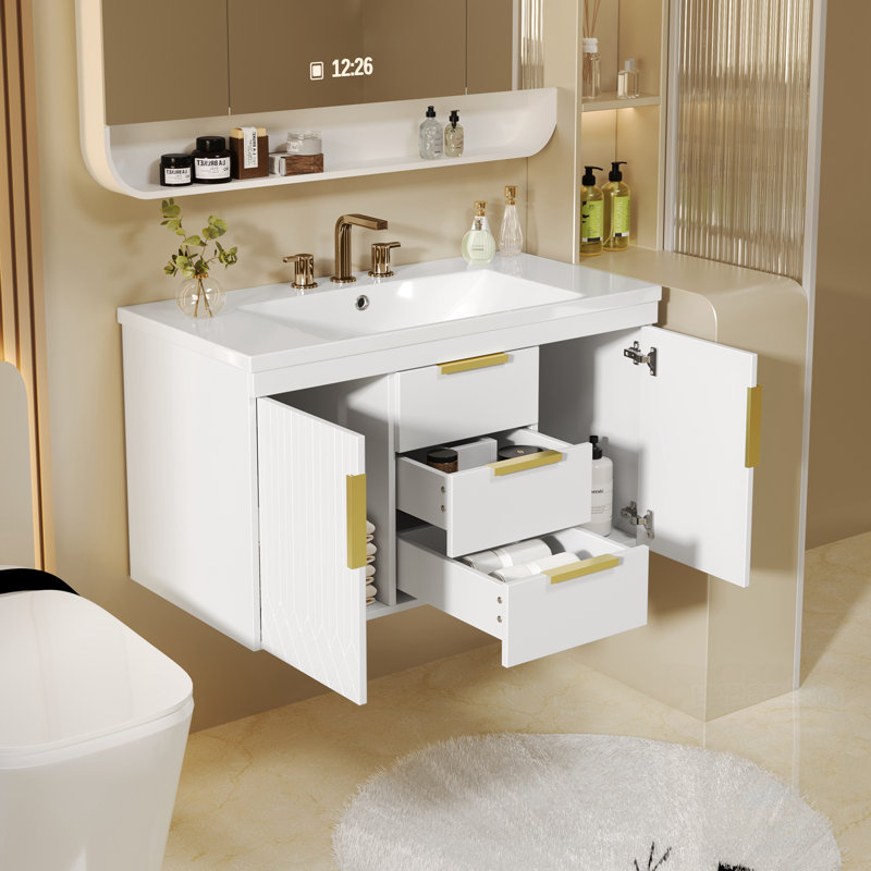 Meuble-lavabo mural avec lavabo en résine et 2 tiroirs, Blanc