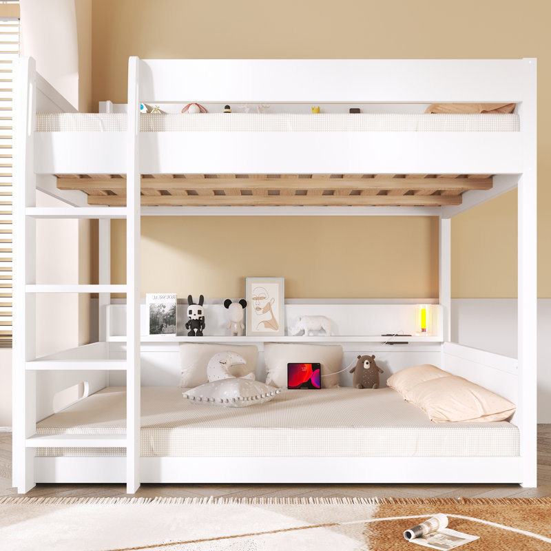  Queen Over Queen Bunk Bed with Storage Shelves and USB Ports, White, White