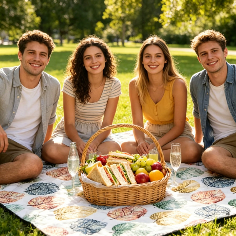 3-Layer Padded Insulated Waterproof Picnic Blanket with Leaf Print, Foldable Washable Durable Outdoor Beach Mat with Carry Handle, Portable Rug for Camping, Garden & Family Picnics