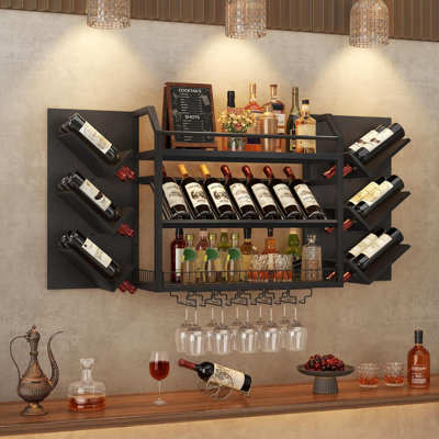 Wall Mounted Wine Rack, 3 Tier Hanging Wine Racks With Glass Holder, Large Capacity Bar Shelves, Metal Wood Bottle Display Storage For Kitchen, Home B