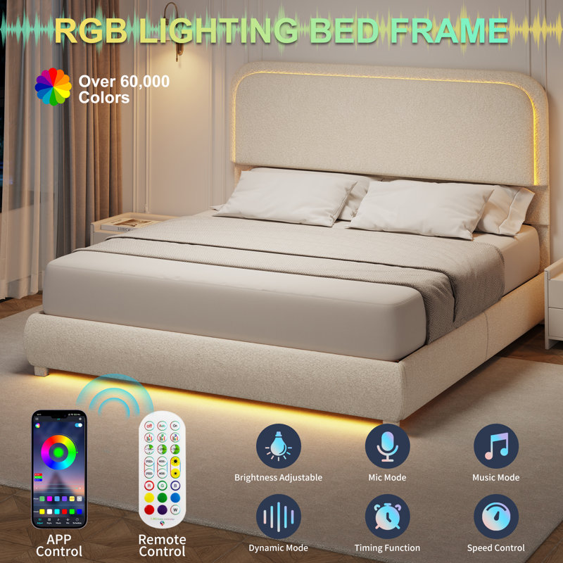 Cream Full LED Platform Bed Frame with Boucle Upholstered Headboard and Storage Drawers