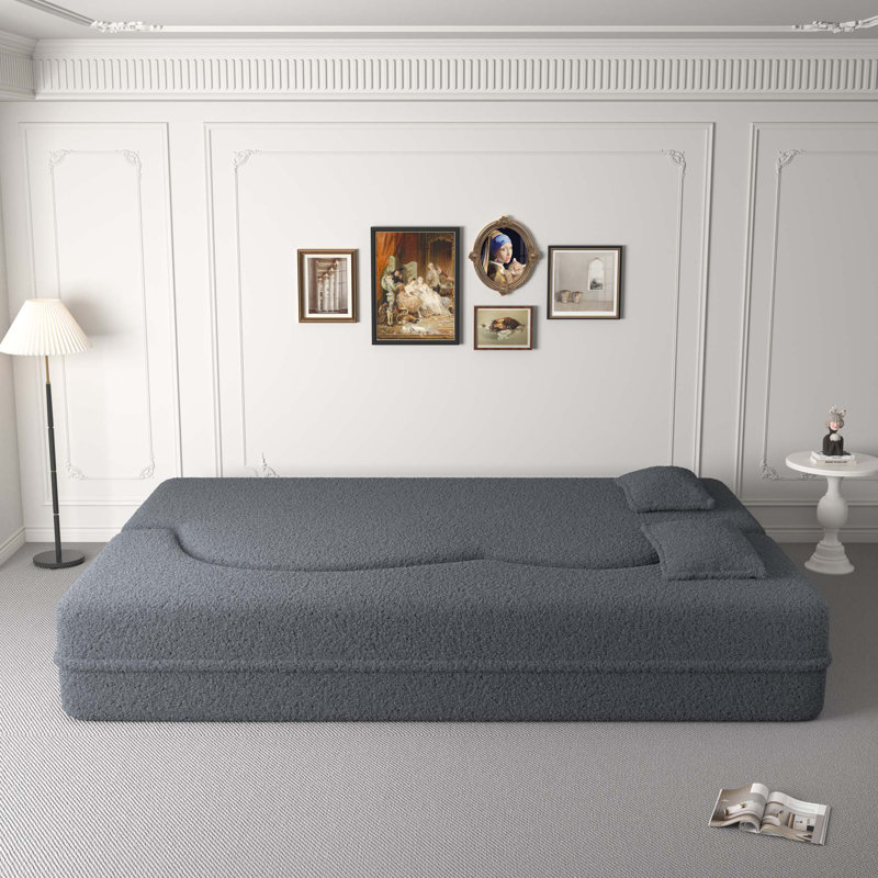 Evren Boneless Modern Minimalist Compression Convertible Floor Sofa Bed with Pillows, Teddy Dark Gray, 30" H x 78" W x 45" D