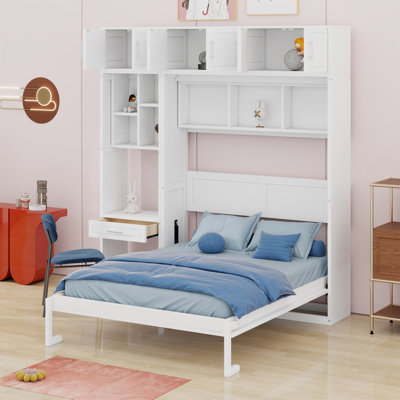 Lit escamotable avec bureau, armoire supérieure et tablettes de rangement, lit pliable peu encombrant