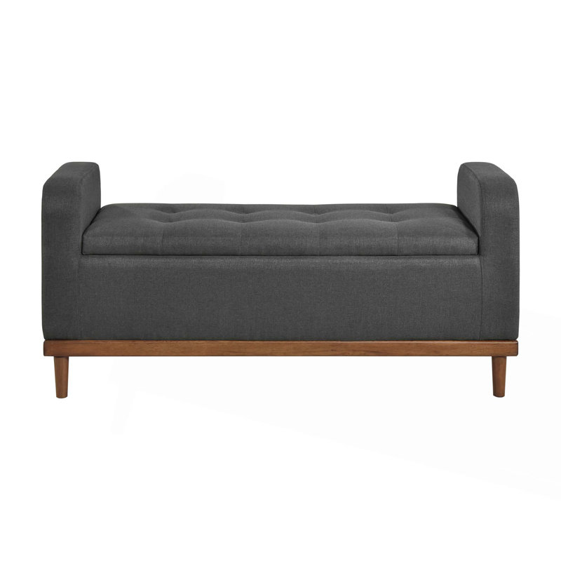Mid-Century Modern Lift Top Storage Bench Tufted Upholstered Solid Wood Walnut Finish Wooden Furniture, Dark Gray