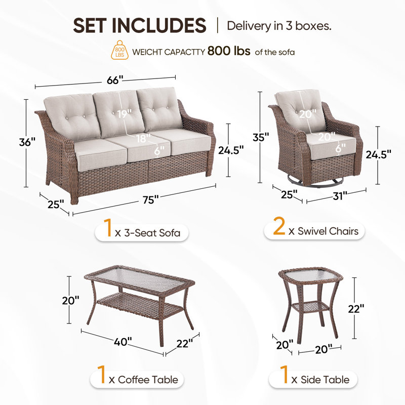 Elona 5-Person Outdoor PE Wicker Patio Conversation Set With 6" Thickness Cushions And Coffee Table, Beige