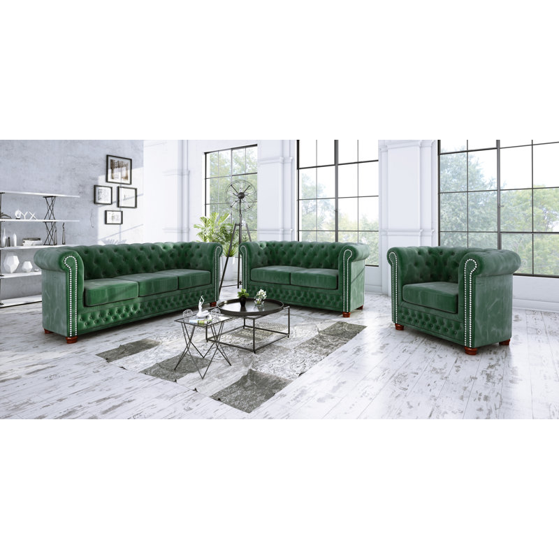 Chesterfield  Sofa 3 Seater Made of Velvet Fabric with Solid Wood Legs, Bottle Green