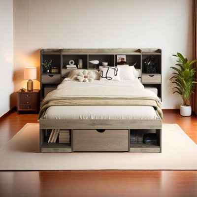 Queen Size Wood Platform Bed With Multi-Storage Headboard And A Drawer -  Latitude RunÂ®, 709CA74EBD204F3DBBBC53034888AADC