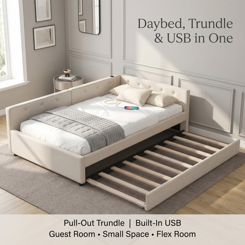 Modern Upholstered Daybed with Pull-Out Trundle – Space-Saving Guest Bed with Backrest for Bedroom or Living Room