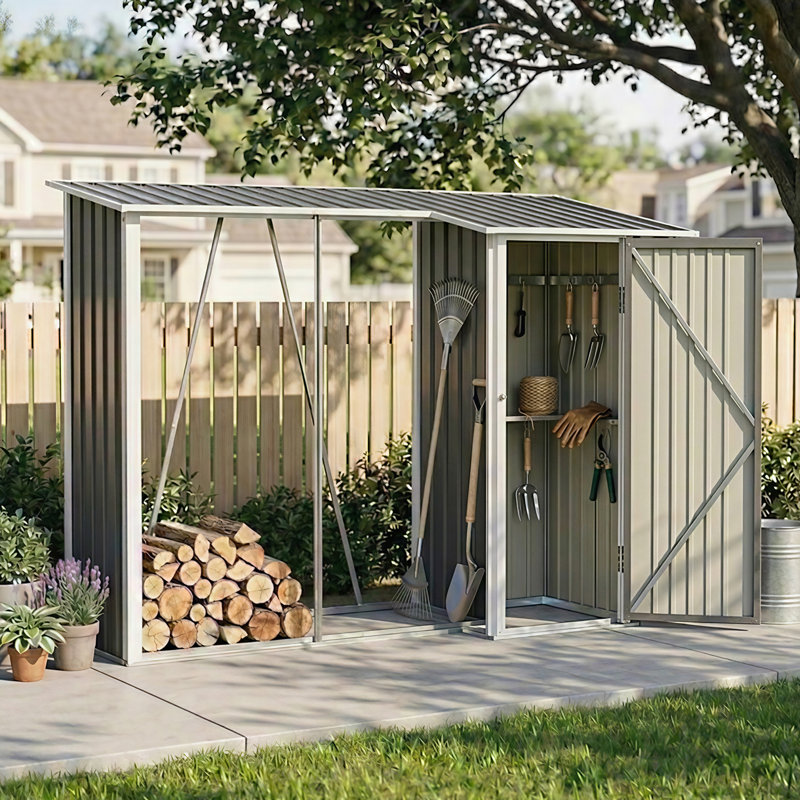 2-in-1 Outdoor Metal Storage Shed with Open Firewood Storage Nook