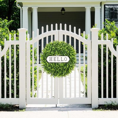 Artificial Boxwood Wreath For Front Door With Hello Sign – Farmhouse Greenery Wreath For Spring, Summer & Year-round Decor