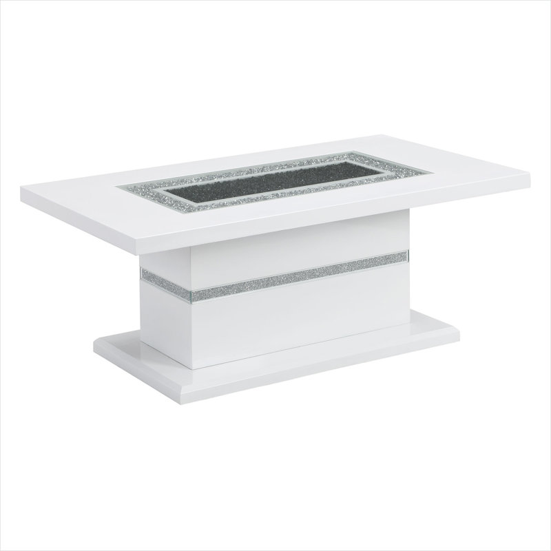 Table basse 52 pouces rectangulaire avec incrustation de verre transparent et finition blanche ultrabrillante, style contemporain