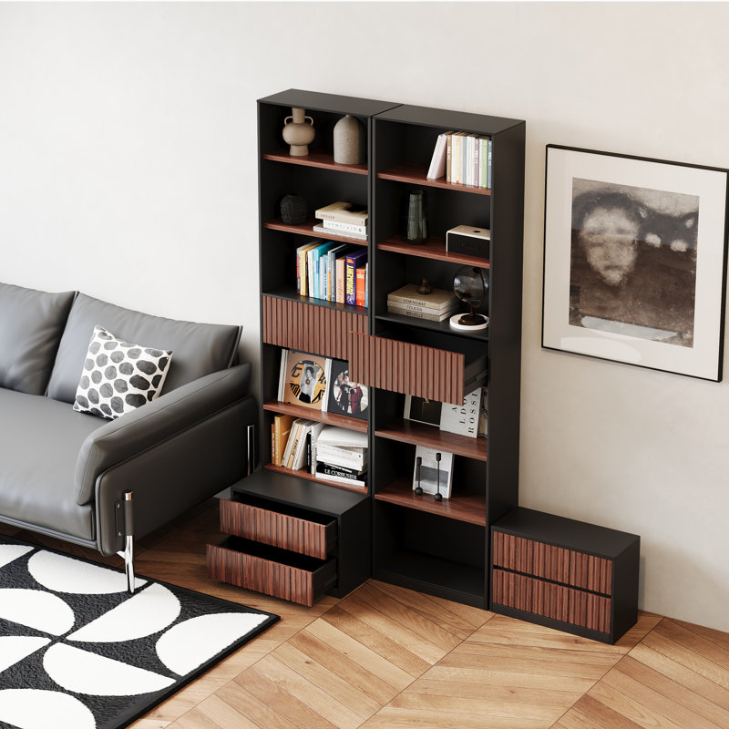 78.7" Tall Bookcase Set of 2 with Movable Footstool and Storage Drawers, Black/Brown