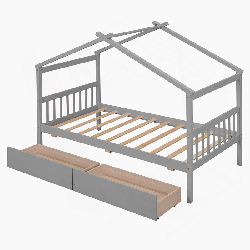 Lit en bois avec tiroirs, Gris