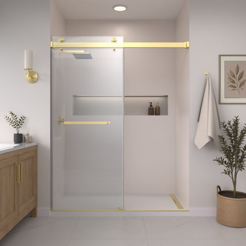 Catalyst 50"- 54" W x 76" H Double Sliding Frameless Shower Door in Brushed Gold with 3/8" Clear Glass, Gold