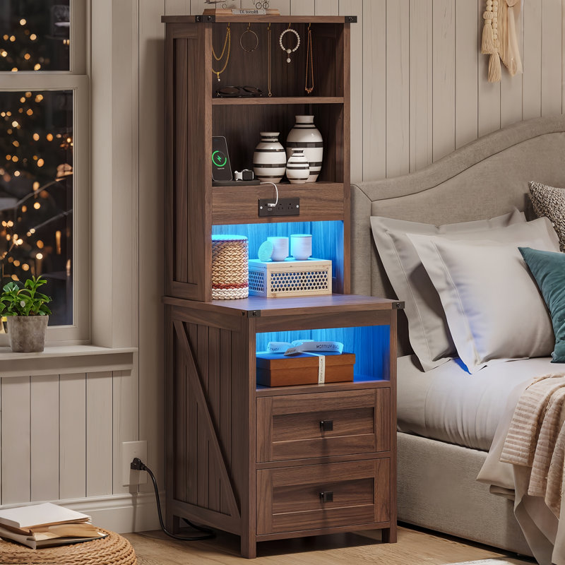 2 Drawers Farmhouse Tall Nightstand with Charging Station and Bookshelf, Oak Brown, 1