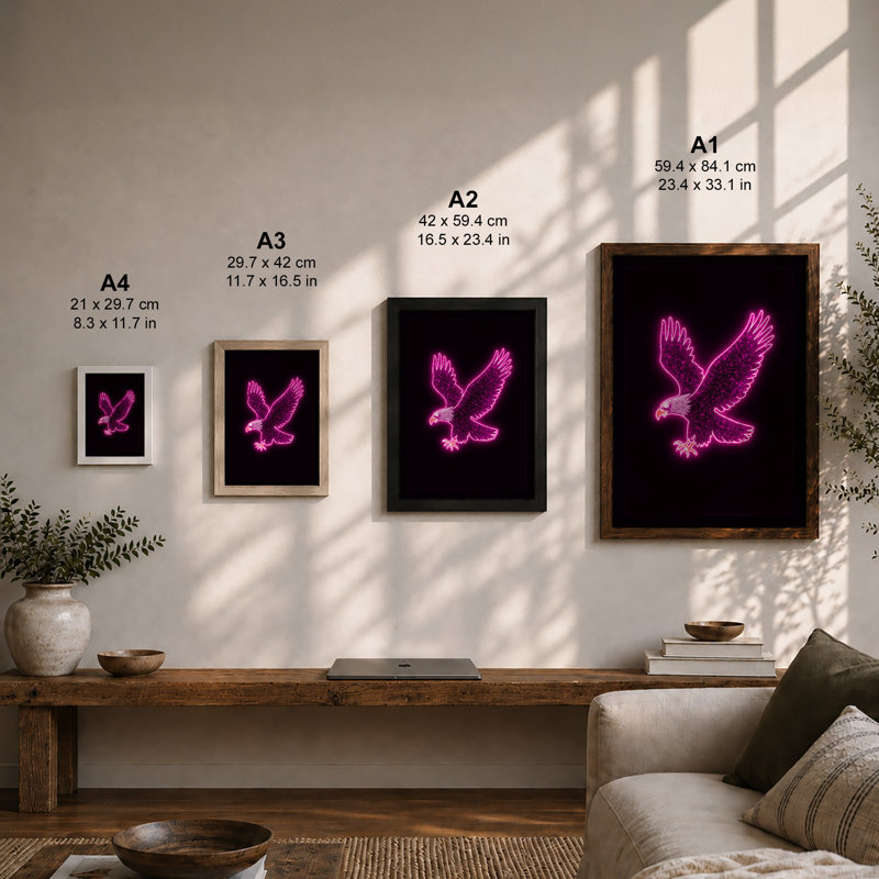 Neon Eagle In Flight Modern - Print, Walnut, A3 - 42.0 x 29.7 cm