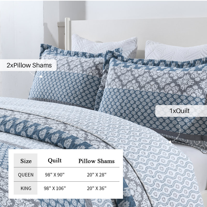 DDUOXIN 100% Cotton 98×90 inch Quilt Sets - 1 Quilt with 2 Pillow Shams, Blue/Gray, Queen Quilt + 2  Shams