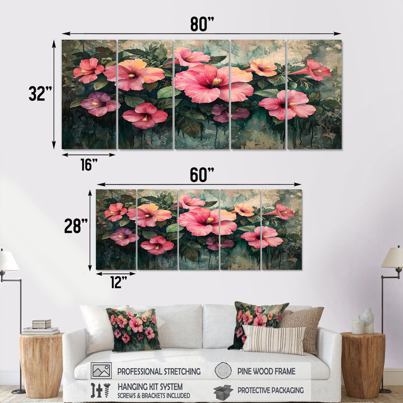 Fleurs d'hibiscus en harmonie tropicale I - art mural hibiscus - décoration murale traditionnelle, H 28 po x l 60 po, 5