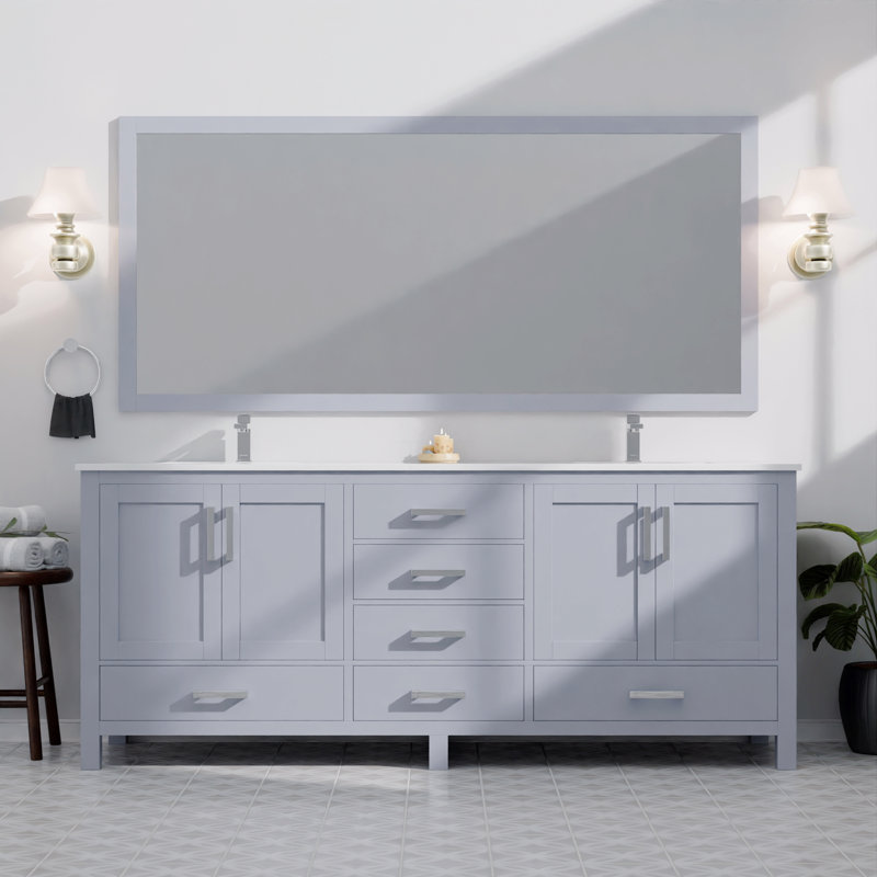Meuble-lavabo double 84 po X P 22 po D, plateau en quartz blanc et ensemble de robinet, Gris