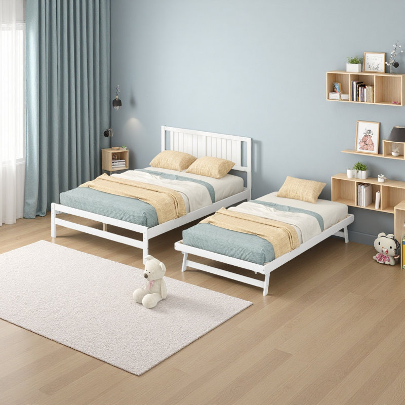 Lit plateforme double avec lit gigogne réglable, Blanc
