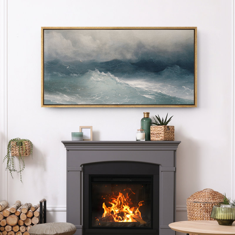 «Moody Blue Nautical Ocean Waves Coastal Extra Large», reproduction d'art sur toile encadrée, H 30 po x l 60 po, Naturel