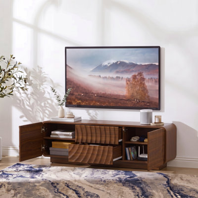 Meuble télé 58 po en bois avec rangement, console de télévision avec 2 tiroirs et portes d'armoire, centre de divertissement avec motif sculptural Wave