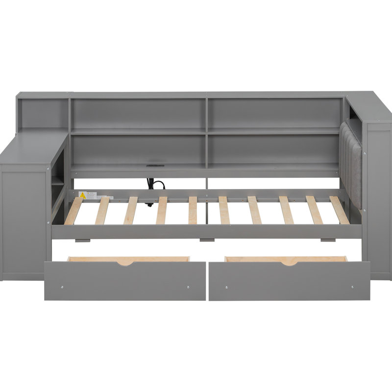 Lit plateforme simple en bois avec tête de lit tapissier, tablettes de rangement, 2 tiroirs, charge, bureau à DEL et bureau, plateforme en mélange d'ombrage gris, rangement, station de charge, lumières, conception ombragée intégrée