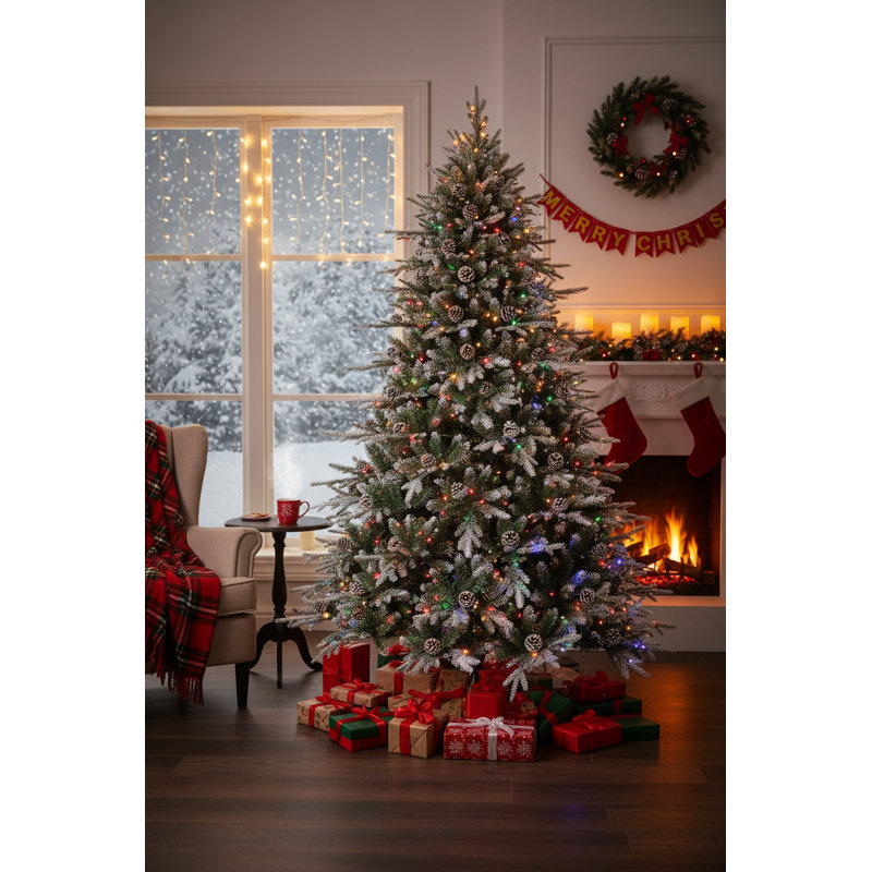Arbre de Noël artificiel avec flocons de neige et pommes de pin, H 6 pi