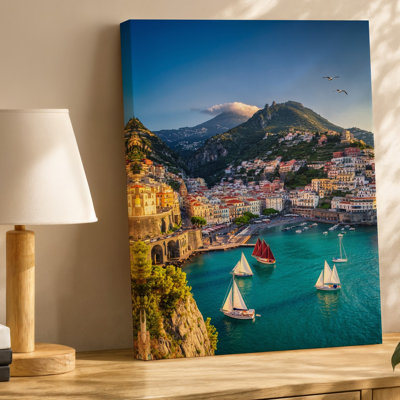 Canvas A Picturesque Coastal Scene Depicting A Vibrant Harbor Nestled Between Wall Art Steep Cliffs And Rolling Hills Bathed In The Canvas Wall Art