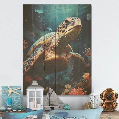 Whimsical Ocean Explorer - Turtle Wood Panel Wall Art On Natural Pine Wood