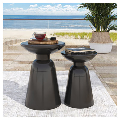 Outdoor Iron Side Tables With Flared Design, Set Of 2 , Navy Blue