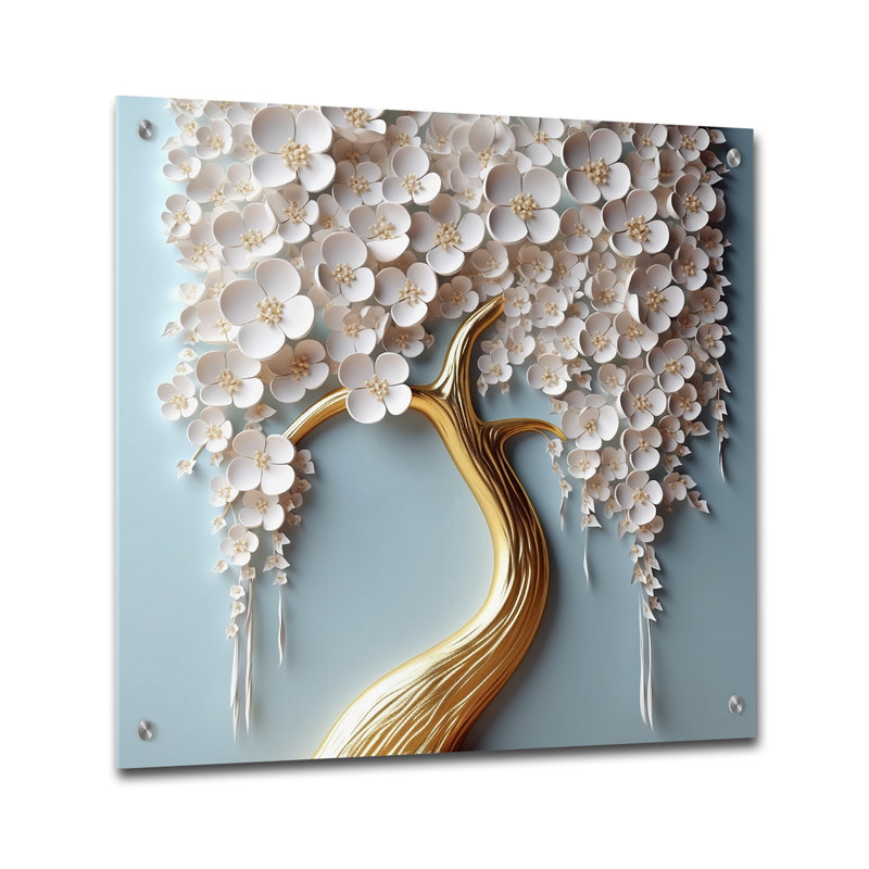 Orchidée blanche jardin de branches VI - Art mural acrylique en verre sur verre, H 16 po x l 16 po