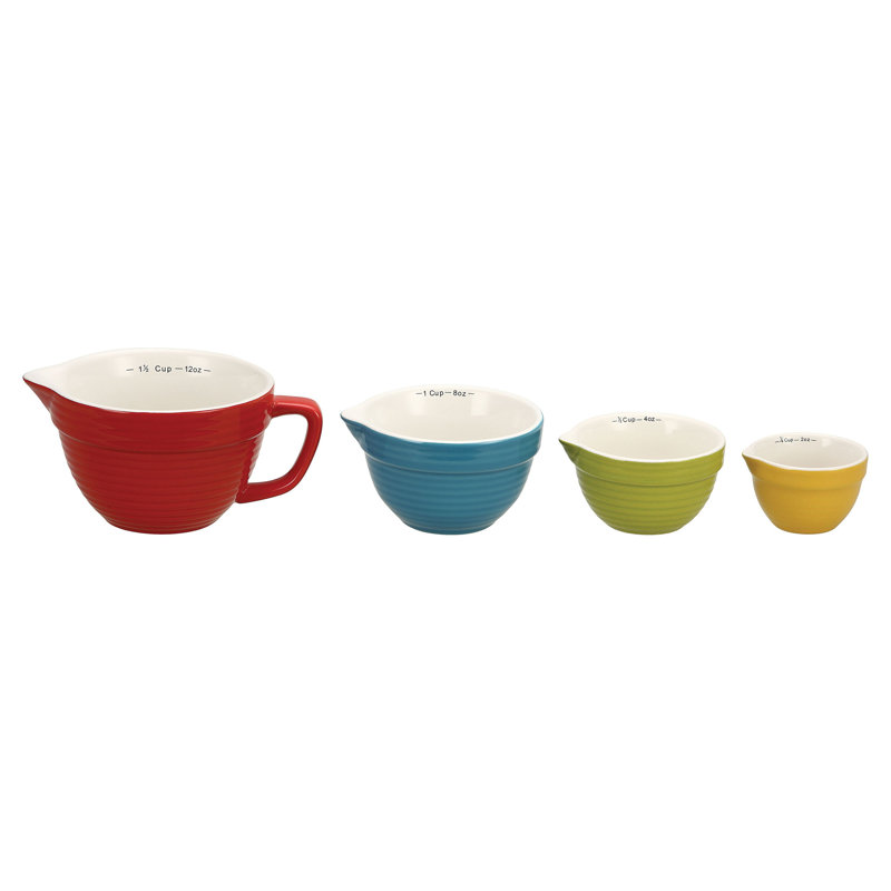 4‑Piece Stoneware Ribbed Batter Bowl Measuring Cups, Red/Blue/Green/Yellow