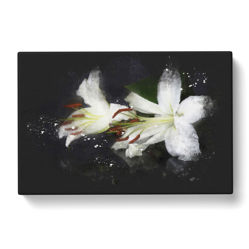 White Lily Flowers Paint Splash - Wrapped Canvas Print, 60cm H x 91cm W x 3cm D