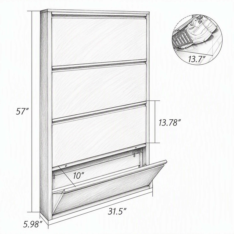 Meuble de rangement mural bleu pour chaussures, quatre tiroirs à compartiments cachés, rangement pour chaussures conçu pour le vestibule