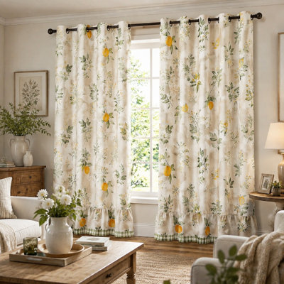2Pcs Lemon Pattern Curtains, Botanical Floral Print, Country Style Ruffled Hem, Farmhouse Chic Light-Filtering for Kitchen Dining Room for Home Dector