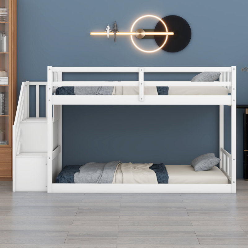 Lit superposé au plancher avec rangement, blanc