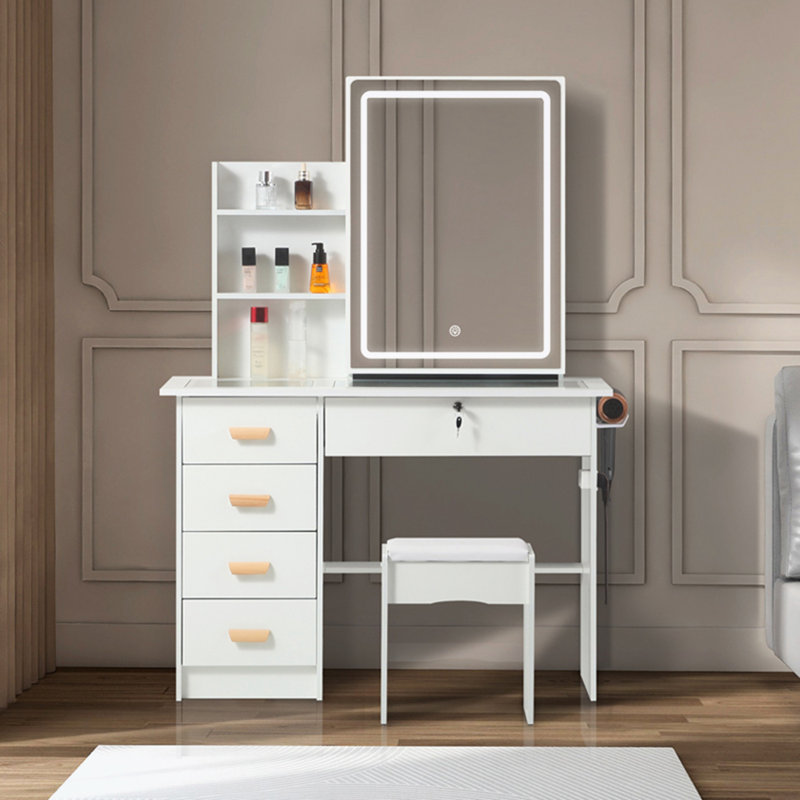 Bureau de maquillage avec miroir lumineux, 5 tiroirs et tablettes ouvertes