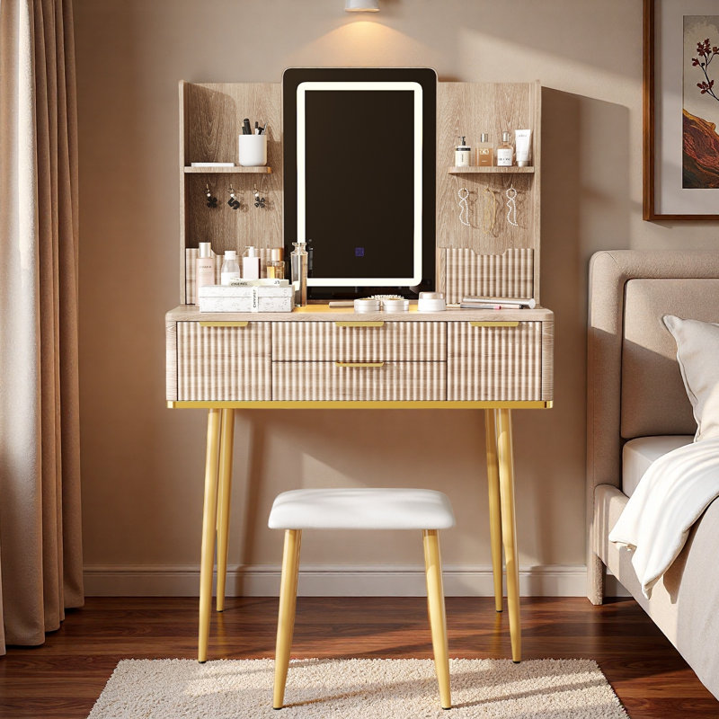 Fluted Vanity Desk With Led Mirror, Metal Legs, Jewelry Storage, 4 Drawers And Pu Stool