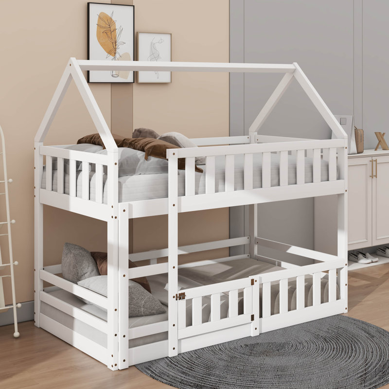 Twin Over Twin House Bunk Bed With Fence, White