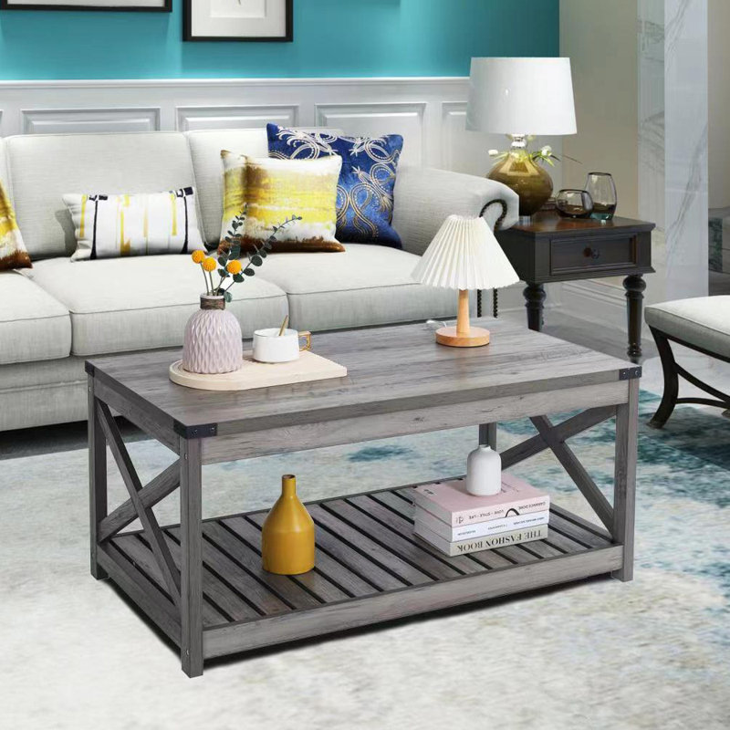 Table basse à 4 pieds avec rangement Shardea, Chêne blanchi, Chêne blanchi